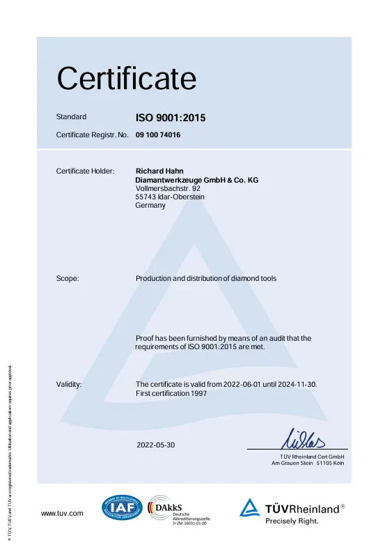 HAHN - Diamanttechnologie - Zertifiziertes Managementsystem gemäß DIN ISO 9001:2015   