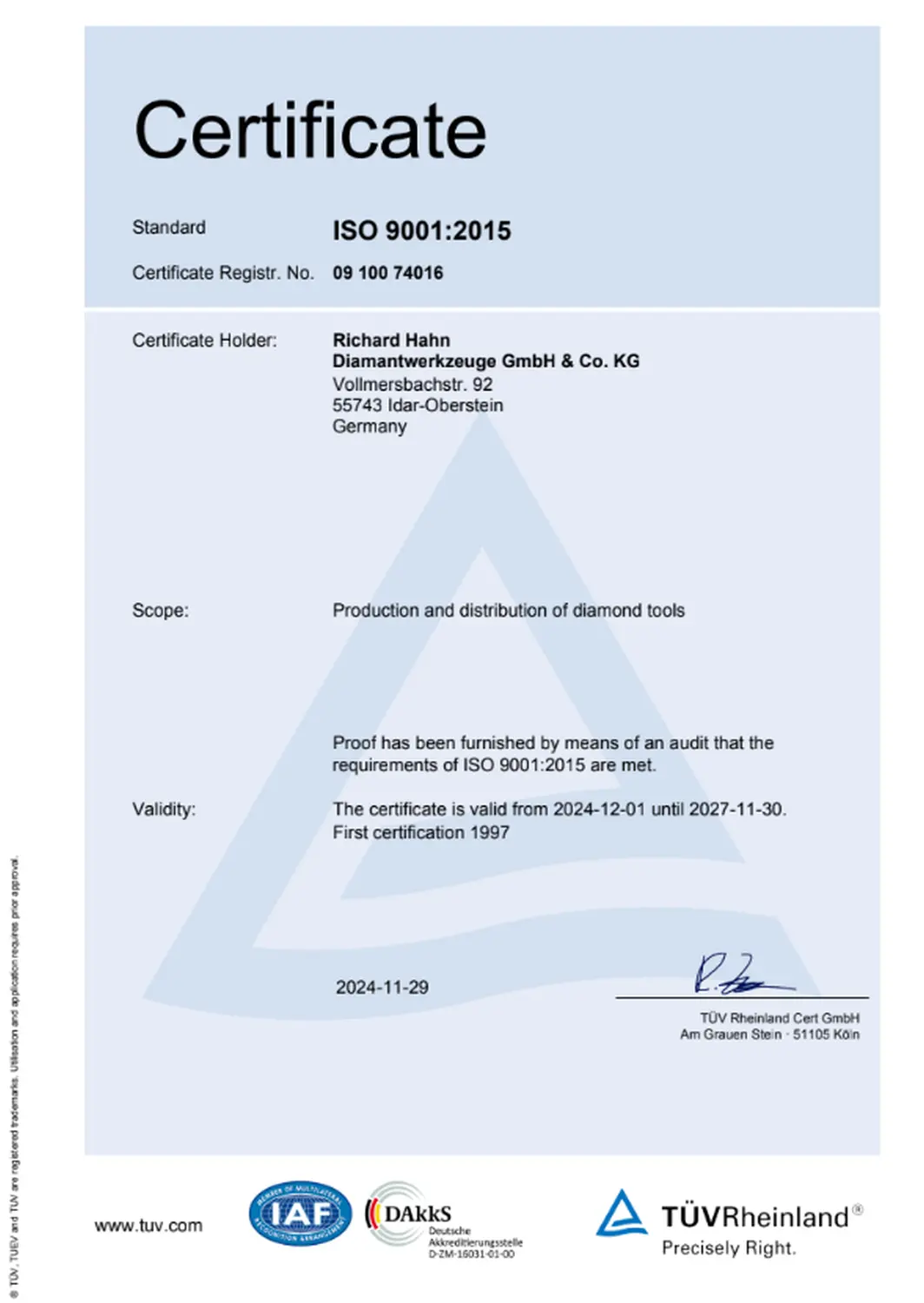 HAHN - Diamanttechnologie - Zertifiziertes Managementsystem gemäß DIN ISO 9001:2015   
