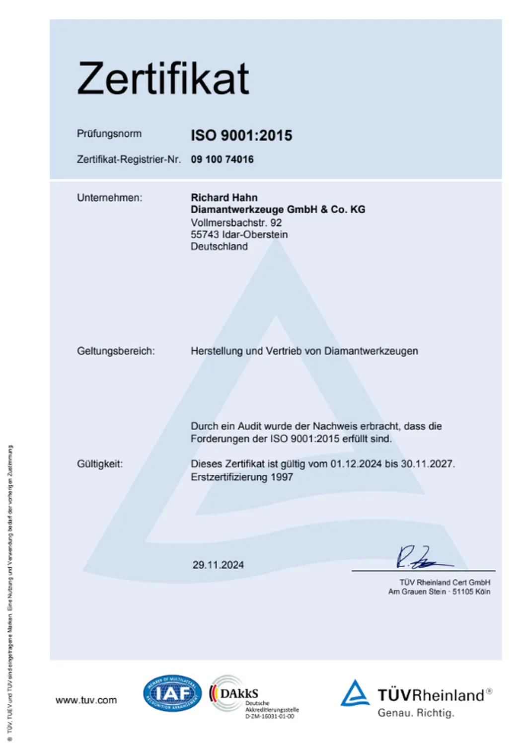 HAHN - Diamanttechnologie - Zertifiziertes Managementsystem gemäß DIN ISO 9001:2015   